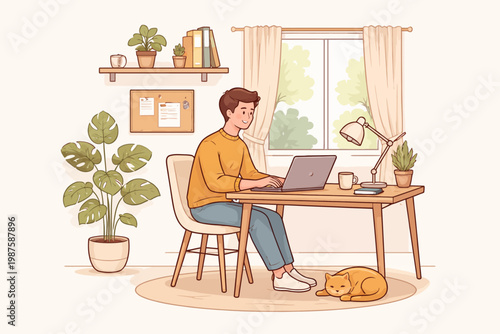 Young caucasian male working at home office with laptop and plants in cozy environment