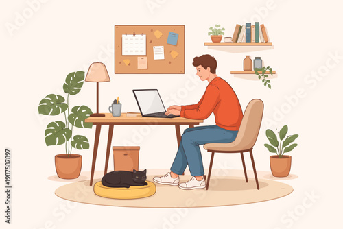 Young caucasian male working at home desk with plants and cat
