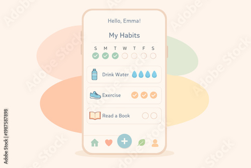 Habit tracker app interface with daily goals for wellness and productivity