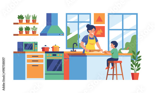 Happy Mother and Young Son Baking Together in Modern Kitchen, Rolling Dough on Countertop for Homemade Cookies or Pizza Pastry