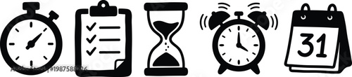 Time Management and Productivity Icon Set Featuring Stopwatch, Checklist, Hourglass, Ringing Alarm Clock, and Calendar for Business and Planning Tasks