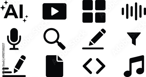 Set of Minimalist Black Icons Representing Artificial Intelligence, Video Content, Data Analytics, Creative Writing, Digital Search, and Multimedia Software Tools