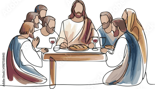 Bild auf Leinwand Generated on Jesus Christ and the twelve apostles at the Last Supper, continuous line watercolor style