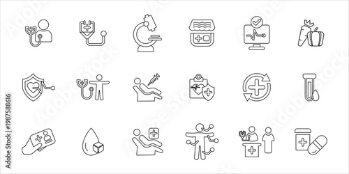 healt checkup icons set. doctor, consultant, checkup, laboratory, stethoscope, symptoms and more. simple line vector illustration