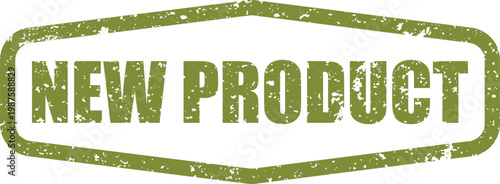 Olive green distressed rubber stamp seal with the text new product in a hexagonal frame
