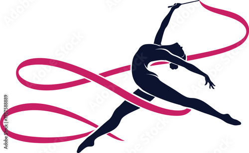 Rhythmic gymnastics silhouette with pink ribbon, graceful female athlete vector, artistic gymnast performing jump