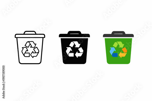 Three trash bins with recycling symbol in black, white, and green variants