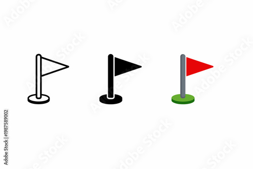 Minimalist flag icons set: outline, solid, red variants on white background