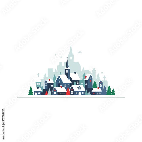 Snowy Town with Cozy Houses and Church