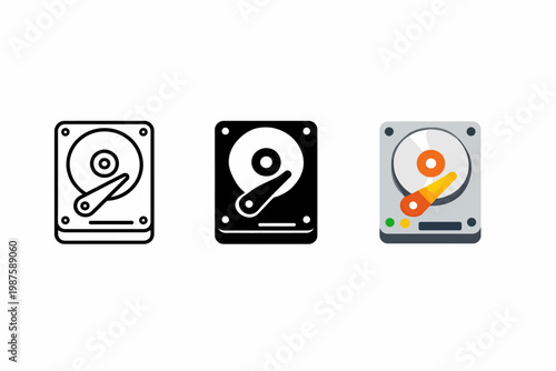 Stylized hard disk drive icons: outline, solid, colorful variations