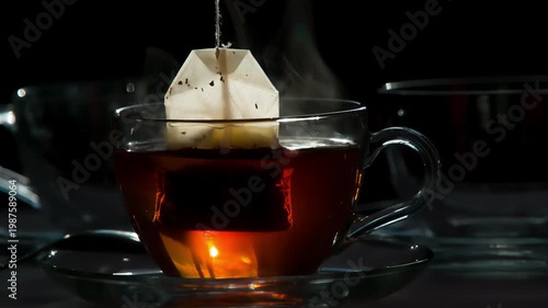 Strong Tea in a Transparent Cup. Teabag falls in a transparent cup with hot water on a dark background.  Water is painted in the color of tea
