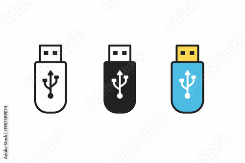 Set of three usb flash drive icons in black, white, and blue colors