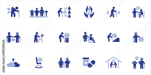elderly icons set. elderly, senior, pensioner, lifetime, social support, elder care, end or life and more. simple colored vector illustration