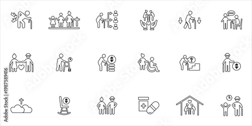 elderly icons set. generation, inheritance, pensioner, retirement, social support, elder care, end or life and more. simple line vector illustration
