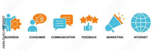 B2C icon set Aqua Orange Flat concept for business to consumer concept of marketing with communications, feedback, marketing, and internet icon