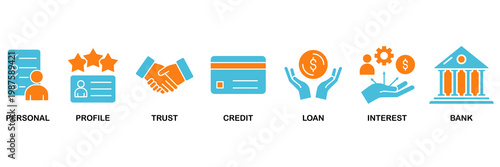 Microcredit icon set Aqua Orange Flat concept for personal, profile, trust, credit, loan, interest and bank