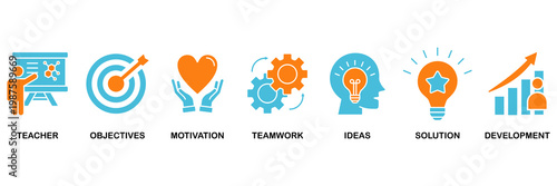 Workshop icon set Aqua Orange Flat concept for teacher, objectives, motivation, teamwork, ideas, solution, and development