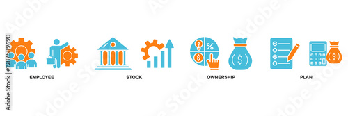 Esop icon set Aqua Orange Flat concept for employee stock ownership plan with icon of management, bank, graph, fund, investment and statistics
