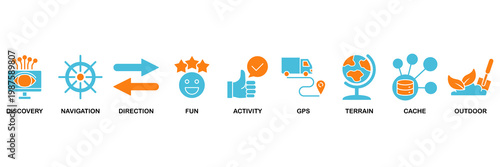 Geocaching icon set Aqua Orange Flat concept for discovery, navigation, direction, fun, activity, gps, terrain, cache and outdoor