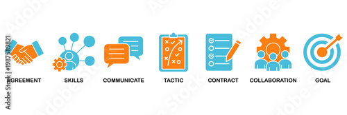 Negotiation icon set Aqua Orange Flat concept for business deal agreement and collaboration with icon of skills, communicate, tactic, contract, and goal