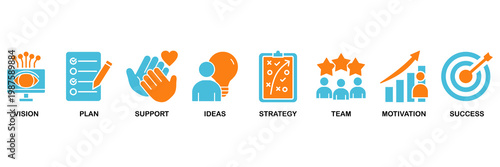 Goals icon set Aqua Orange Flat concept for vision, plan, support, ideas, strategy, team, motivation, and success