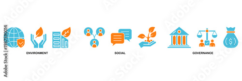 ESG icon set Aqua Orange Flat concept for Environment Social Governance of corporate sustainability performance for investment screening