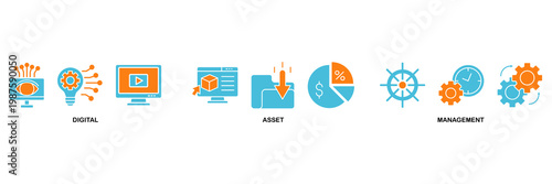 Dam icon set Aqua Orange Flat concept for digital asset management with icon of binary, automation, processing, design, data, network, and connection