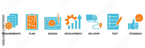 Business agility icon set Aqua Orange Flat concept for requirements, plan, design, development, delivery, test, feedback