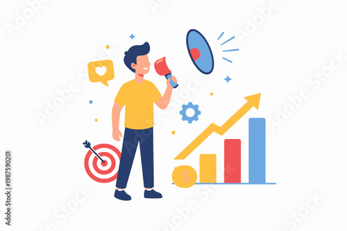 Young caucasian male promoting growth strategies with megaphone and graphs