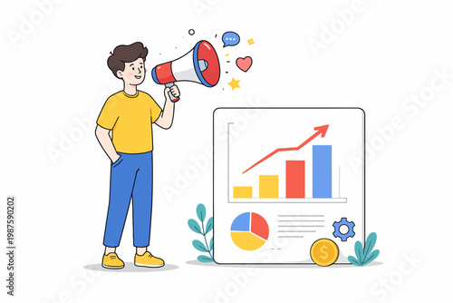 Young caucasian male promoting business growth with megaphone and chart