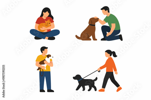 Cartoon illustrations of people with pets engaging in various activities
