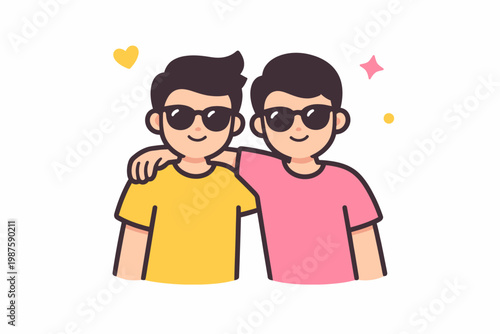 Two young males in sunglasses embracing with smiles and colorful accents