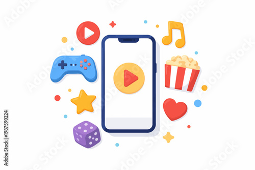 Colorful entertainment elements surrounding smartphone with play button