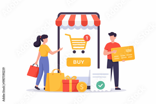 Online shopping concept with young caucasian adults and digital payment
