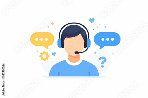 Male customer support representative with headset assisting clients online
