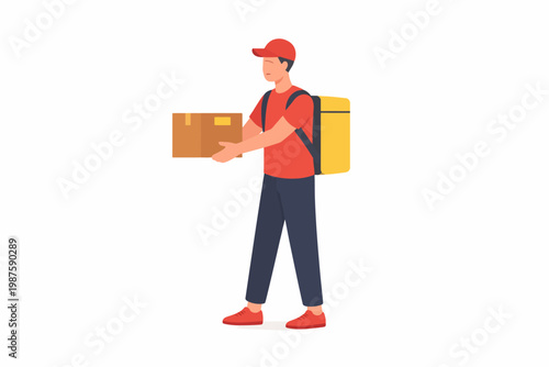 Young caucasian male courier in red uniform delivering parcel with backpack