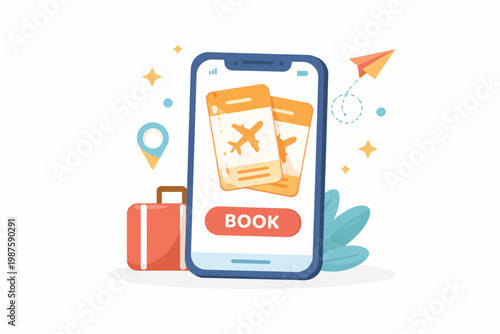 Mobile travel booking app concept with plane tickets and luggage icon