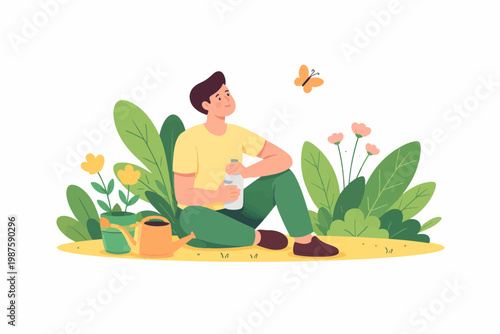 Young caucasian male enjoying nature in garden with watering can and butterfly