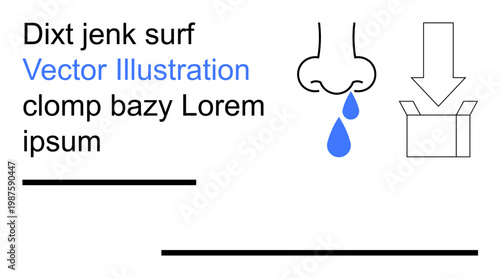 Health care, allergies, delivery concepts, minimalism, abstract design, packaging. Image a dripping nose and an open box alongside abstract text. Health care and allergies visualization