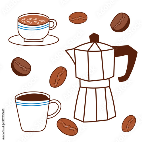 Coffee set with moka pot espresso cup and beans