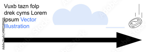 Business growth, financial strategy, progress, movement, savings, investment. Black arrow with a falling coin and cloud in the background. Financial strategy and progress ion