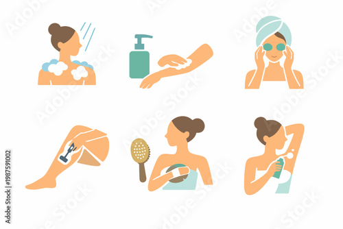 Female hygiene routine icons: skincare, bathing, shaving, exfoliating, moisturizing steps