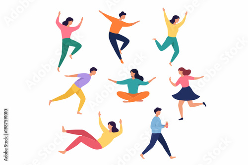 Diverse group of cartoon people engaging in fitness and dance activities