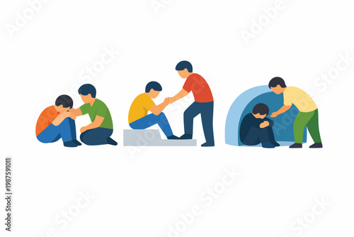 Young diverse males showing compassion and support in various situations