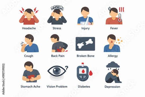 Common health issues: headache, stress, injury, fever, cough, back pain, broken bone, allergy, stomach ache, vision problem, diabetes, depression