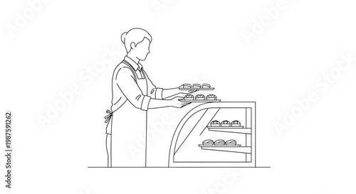 Baker placing pastries in display case, bakery, professional food service