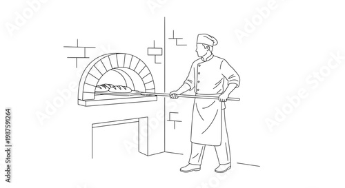 Baker putting bread into a brick oven with a peel, line art illustration