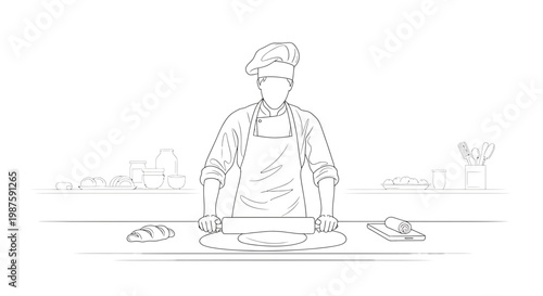 Baker rolling dough with rolling pin on kitchen counter, bread and pastry board nearby