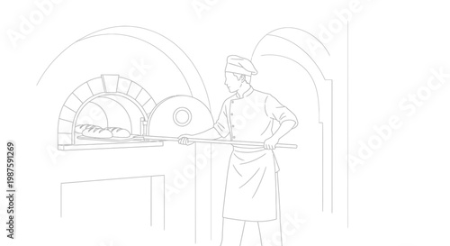 Baker removing fresh bread from a traditional wood-fired oven with a peel