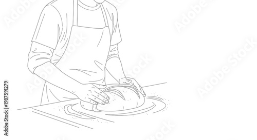 Baker shaping fresh bread dough on a wooden table, hands kneading loaf